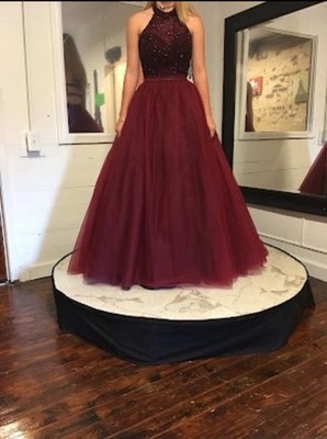 Jovani Burgundy Beaded Halter Neck Pageant Dress Open Back | eBay