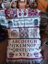 Vintage Tapestry Woven Throw Blanket Bless Our Home ABC Sampler Wall Decor