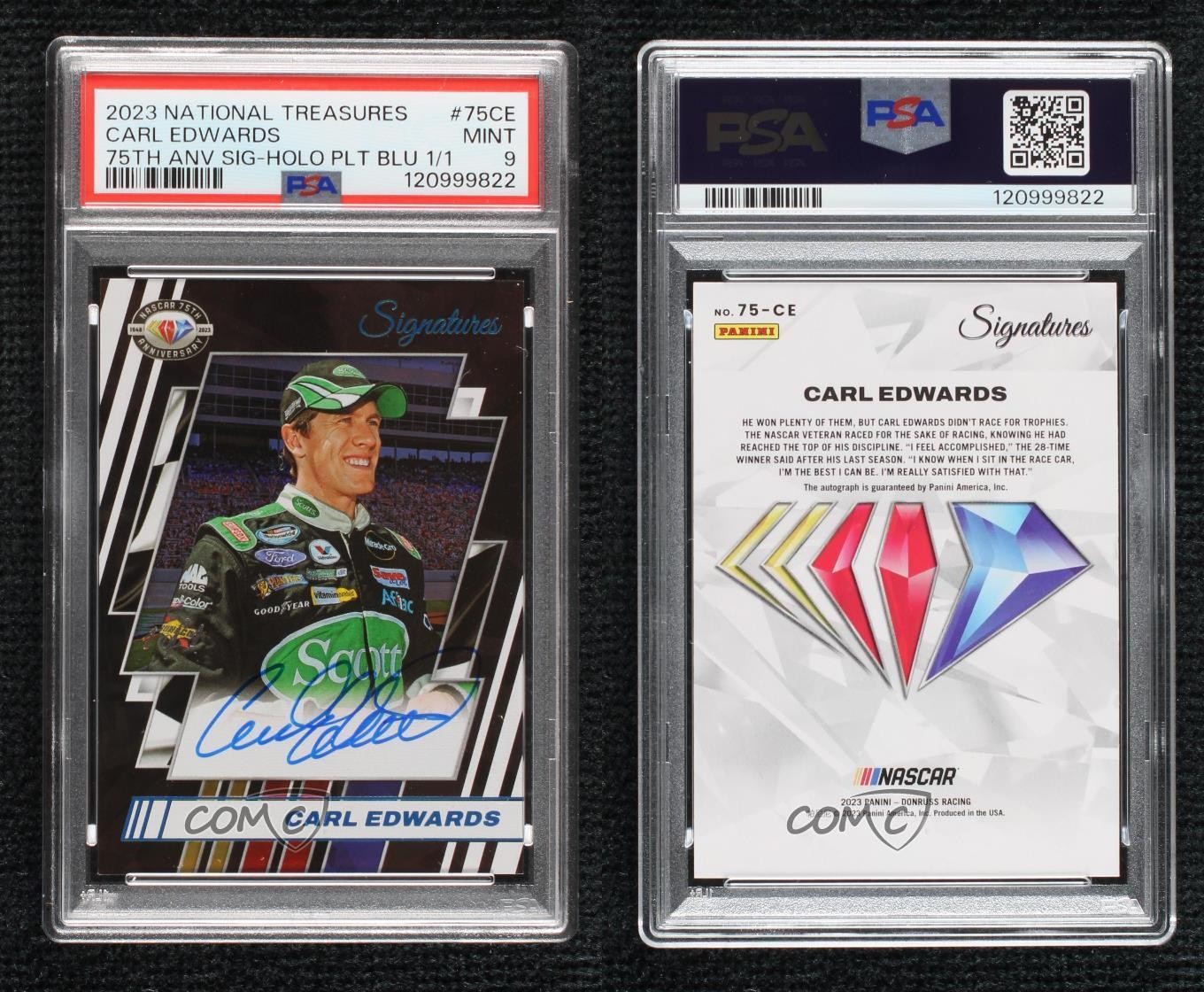 2023 National Treasures Holo Platinum Blue 1/1 Carl Edwards PSA 9 MINT Auto view 3