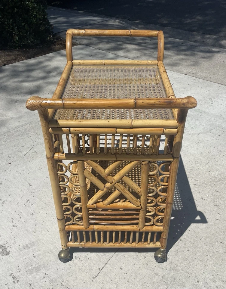 70s Vintage Rattan Brighton Chippendale Style Bar Cart, 2 Tier, USHIP  delivery! - Image 4 of 4