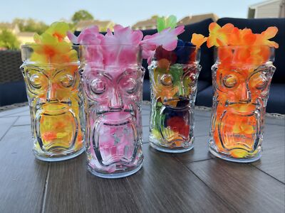 4 Anchor Hocking Glass Screaming Tiki Glasses - Tiki Time Any Time! W/ 4 Lei s!
