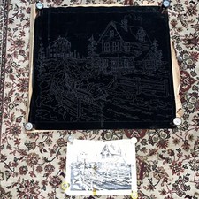 Vintage Black Velvet Paint By Numbers Cabin  Barn Scene 22  x24  