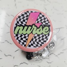 Nurse: 90s Colors, Checker - Badge Reel, Retractable Swivel Back Alligator Clip