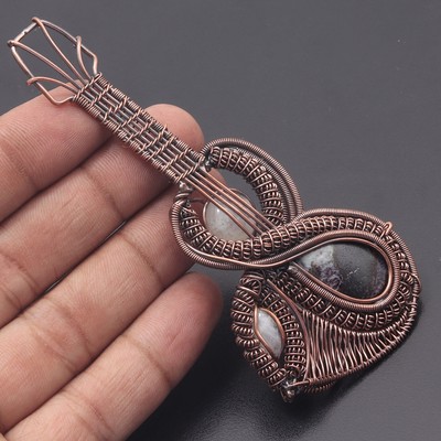 Moonstone Jasper Gemstone Wire Wrapped Guitar Pendant 4.4'' Jewelry H9751