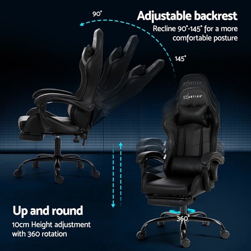 Artiss Gaming Chairs Massage Racing Recliner Leather Office Chair Footrest Black - Picture 6 of 8