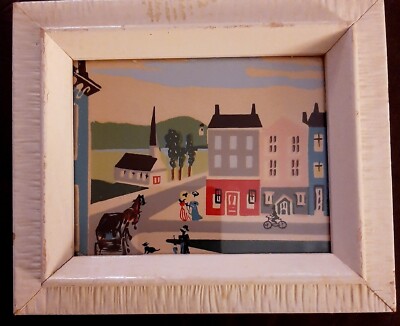 American Naive Primitive Folk Art Print 1960's Framed 6.5x5.5'' MCM Vintage
