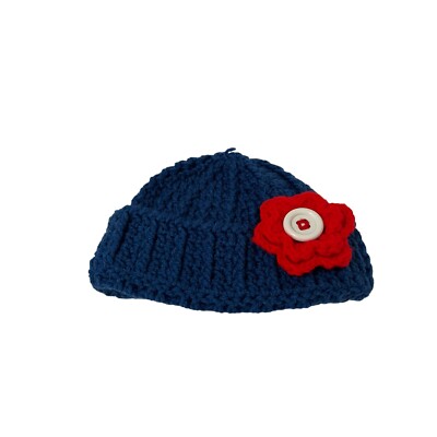 Handmade Blue Red Flower Floral Button Crochet Beanie Hat One Size