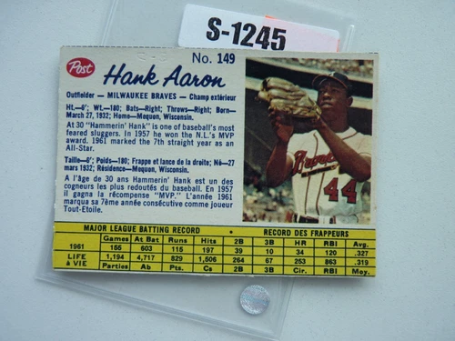 VINTAGE CARD BASEBALL POST CEREAL 1961 HANK AARON MILWAUKEE BRAVES NO1245