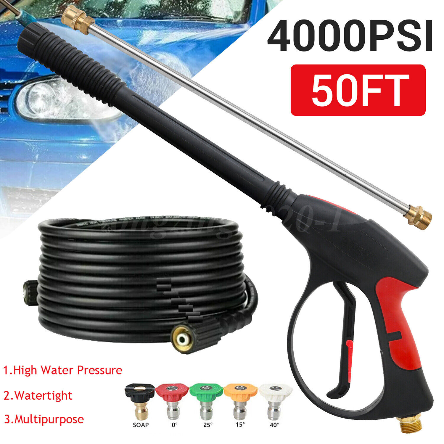 4000PSI High Pressure Car Power Washer Gun Spray Wand Lance Nozzle and Hose Kit