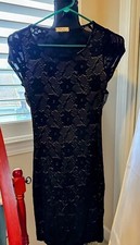 Black Lace Lined Open Back Short Sleeve Dress, Small