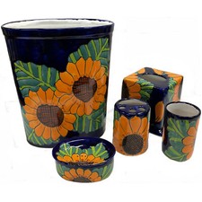 5 Pcs Mexican Talavera Ceramic Sunflower Bathroom Accesories Set. Free Shipping