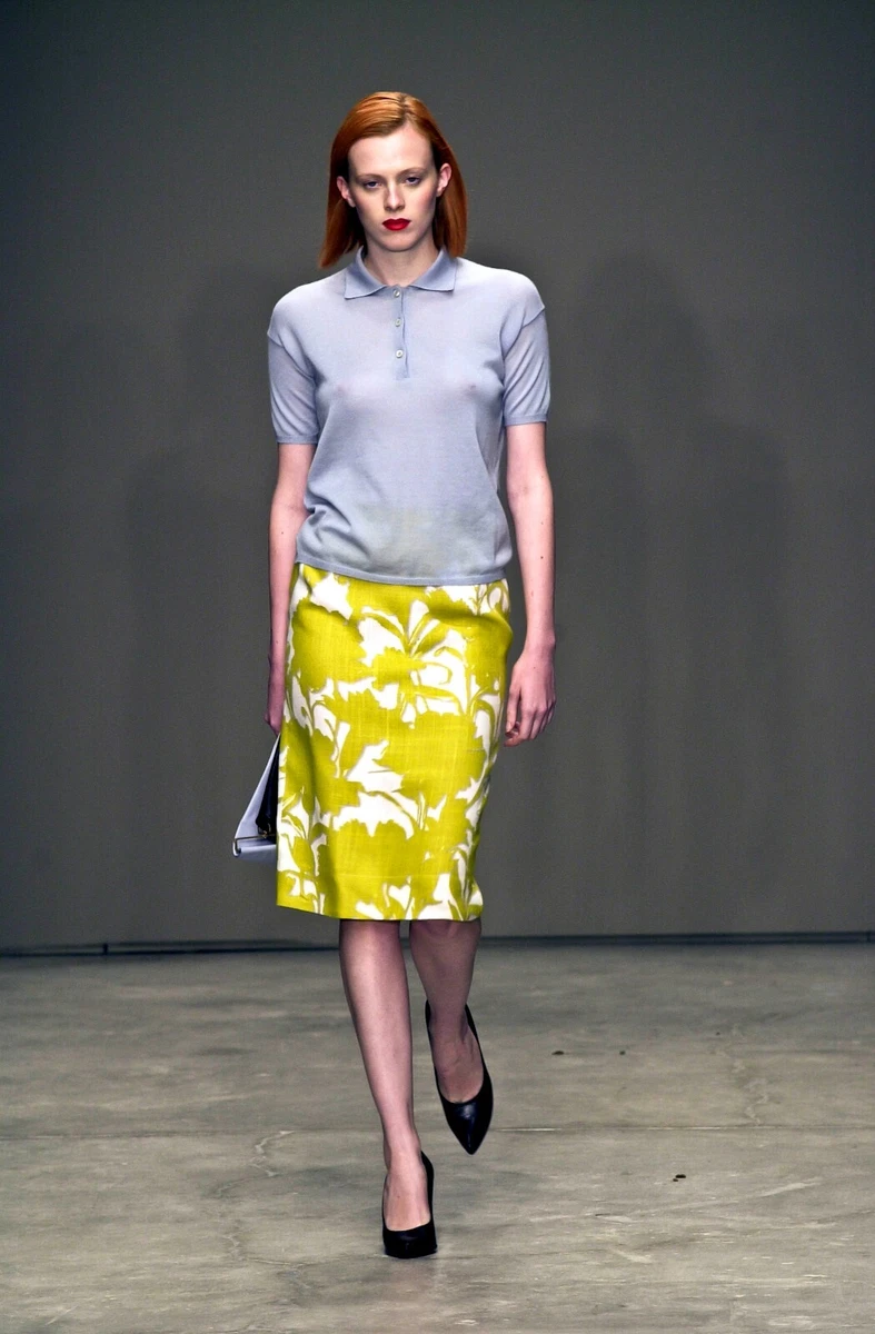 Prada Vintage Fall 2001 White Yellow Floral Viscose Pencil Skirt  