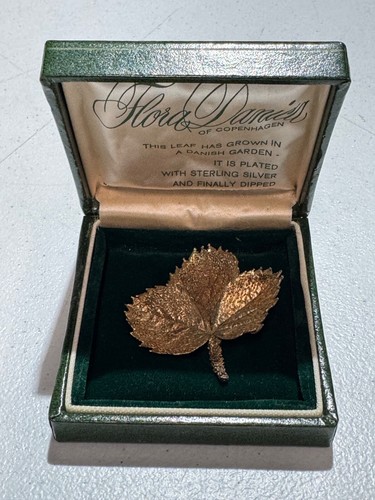 STERLING SILVER DENMARK FLORA DANICA DIPPED IN 24K GOLD FLORAL LEAF BROOCH