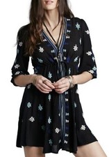 Free People Geometric Embroidered Boho Top Dress Women Small 3/4 Sleeve Rayon