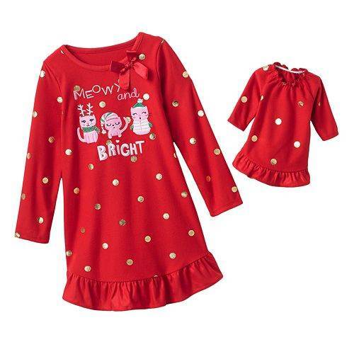 NWT Girls Fleece Christmas Nightgown Size 4 Red Doll Gown Winter Pajamas Cat Pjs - Picture 1 of 1
