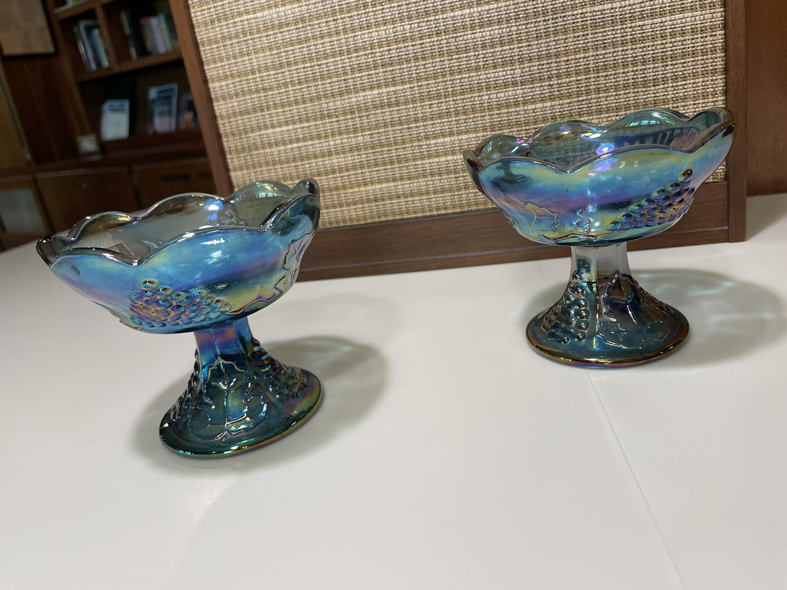 Vtg Set of 2 Indiana Glass Grape Harvest Blue Carnival Glass Candle Holders