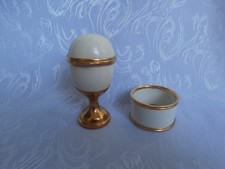 TOYE KENNING & SPENCER CREAM EGG SHAPED ENAMEL TRINKET BOX & STAND & NAPKIN RING
