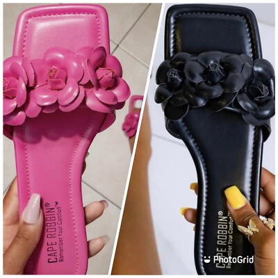 New Cape Robbin Pink/Black Flower Slides