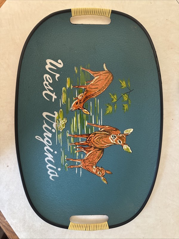 Vintage Deer Serving Tray Bamboo Handles Barware Doe & Frog Pond West Virginia