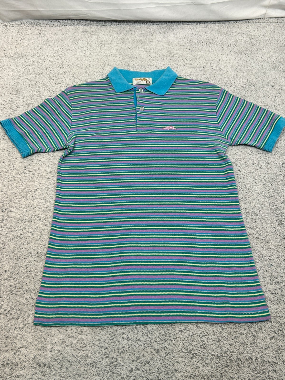 Vtg 90s Sears Young Timers Striped Polo Shirt Dinosaur Tag Kid’s Large Teal Y2K