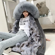 Winter 100% Fox Fur Parka Jacket Women's Fox Fur Lining Hooded Warm Parker Coat