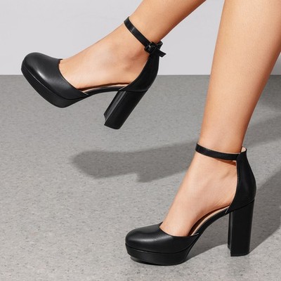 Women Platform High Chunky Heels Pumps Ankle Strap Round Toe Wedding Dress