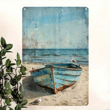 Vintage Beach Blue Wooden Boat Seagull Ocean Metal Sign Coastal Lake Wall Decor