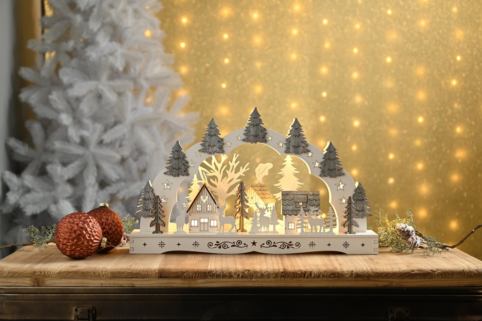Festive 43cm Battery Lit Reindeer Candle Bridge Wooden Christmas Scene