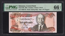 Bahamas 5 Dollars 2001 P63b Uncirculated Graded 66