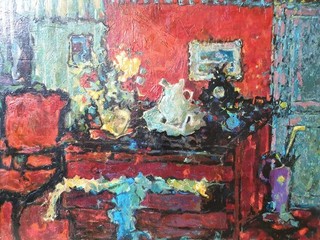Tableau ancien Marcel RIFFET Huile sur Toile Scene d'intérieur Signée