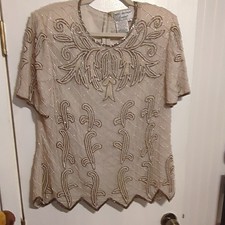 Papell Boutique Evening Beige Beaded Silk Blend Lined Zip Blouse XL