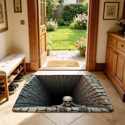 3D Optical Illusion Skull Pit Doormat, Creepy Brick Hole Skeleton Non-Slip Entry