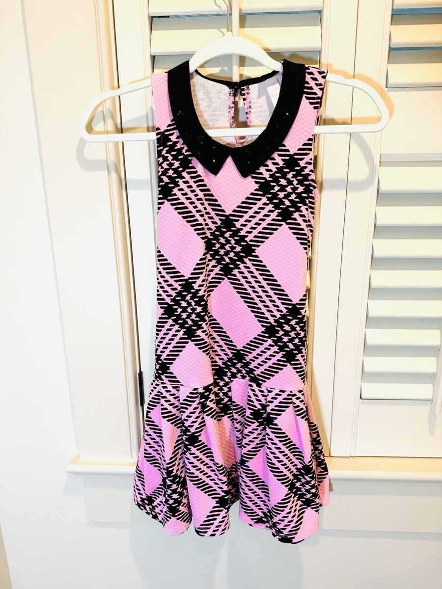 black and pink plaid dress Justice Girls Dress pink black plaid Size 10 knit Retro Drop Waist EUC