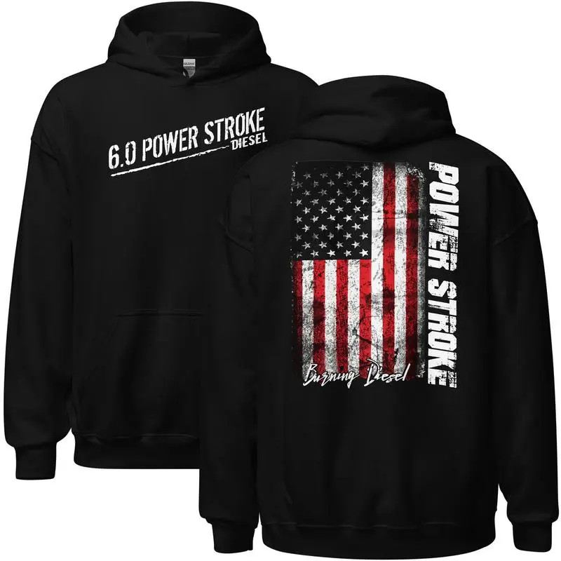 Power Stroke Hoodie, Black Diesel Sweatshirt, American Flag Graphic , Bold “6.0
