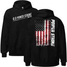 Power Stroke Hoodie, Black Diesel Sweatshirt, American Flag Graphic , Bold “6.0