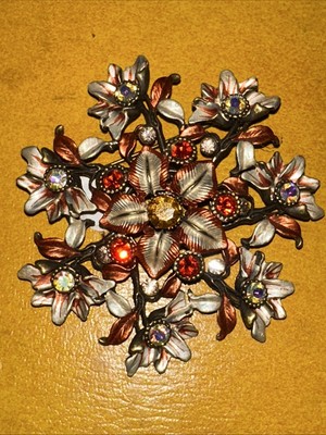 rare MIRIAM HASKELL 3D Topaz Orange Citrine Diamond Rhinestone Floral Brooch  