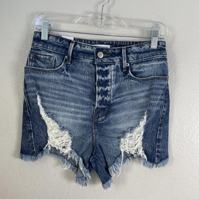 NEW Good American Bombshell Shorts Womens 25 Blue High Rise Cutoff Denim Frayed