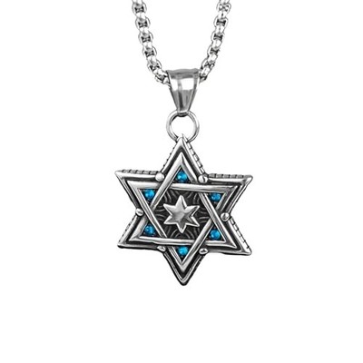 Stainless Steel Star of David Pendant Necklace with Blue Accents