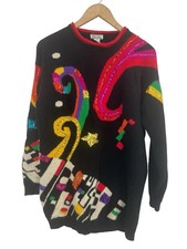 VTG Christina Lambswool Angora Glam Sequin Graphic Geometric Sweater L 80s 90s