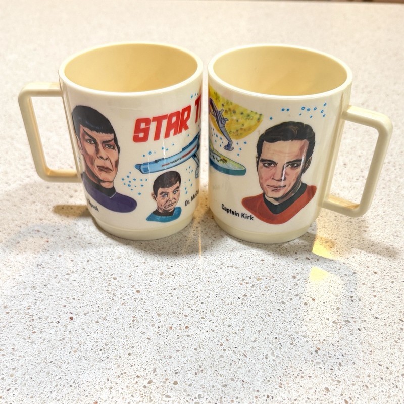 Vintage Star Trek Plastic Cup Mugs McCoy Mr Spock Captain Kirk Enterprise 70s