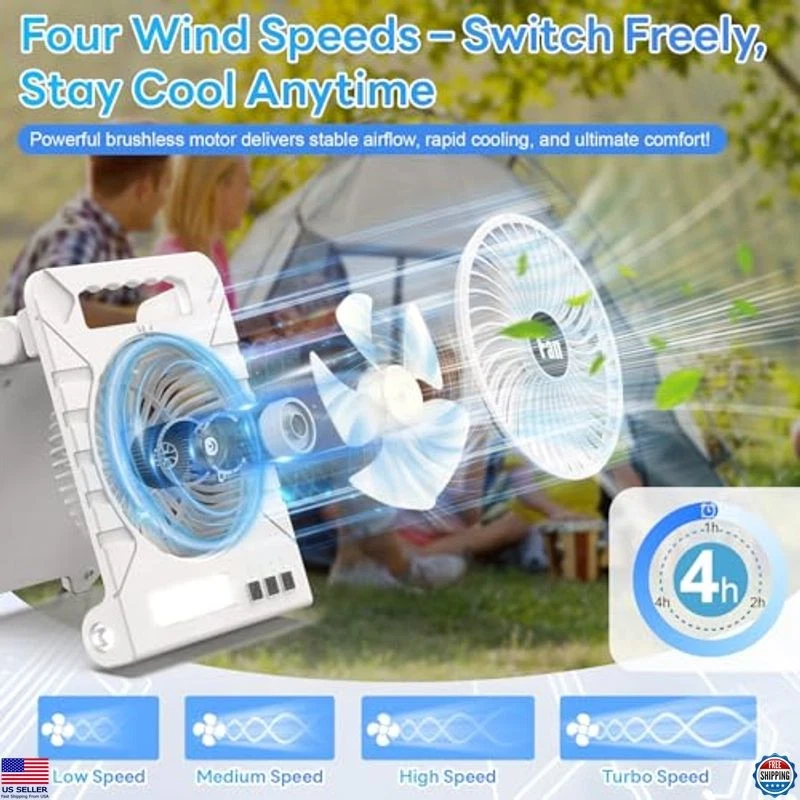 Rechargeable Portable Battery Fan with LED Lantern, 10000mAh, 4 Speeds, Timer - Image 2 of 4