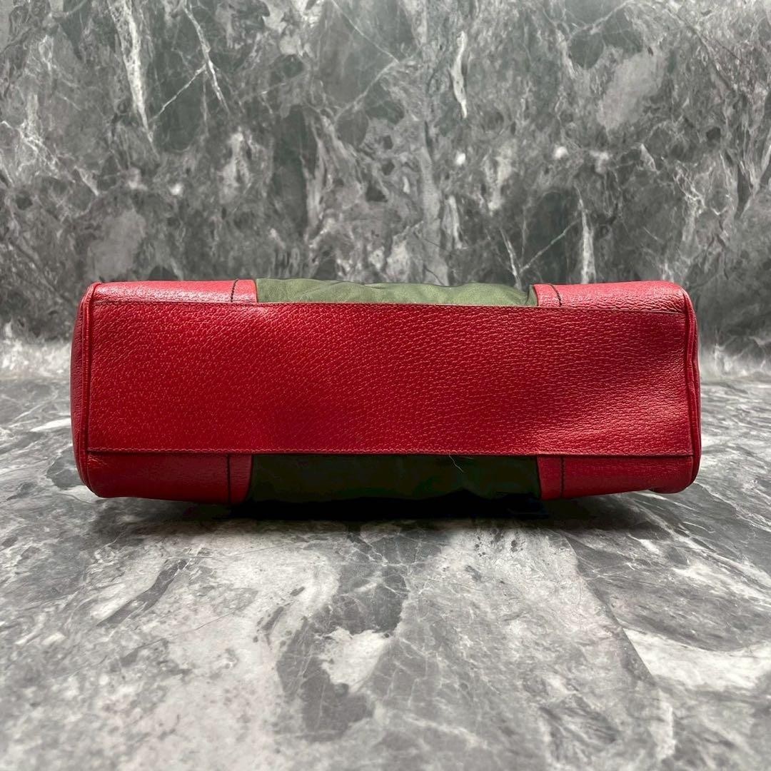 PRADA Women's Boston Bag Handbag Nylon Leather Khaki Red Used Authentic thumbnail 5