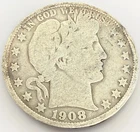 1908 O Barber Half Dollar Better Date Silver Coin VG+ / F - KM# 116