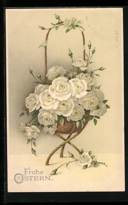 Artist Postcard Meissner & Book M&B No. 1645: Basket of White Roses, Easter Greeting 1915 