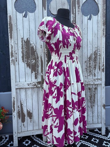 Ladies Summer Bardot Midi Dress –Bold Abstract Print (One Size 10-20) – Magenta - Picture 2 of 4
