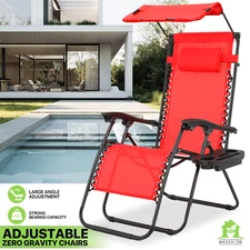 Foldable Zero Gravity Chair Beach Lounge Chair Sunshade Canopy Red w/Cup Holder