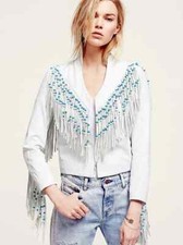 Giacca donna pelle bianca biker vera pelle di agnello perline frange