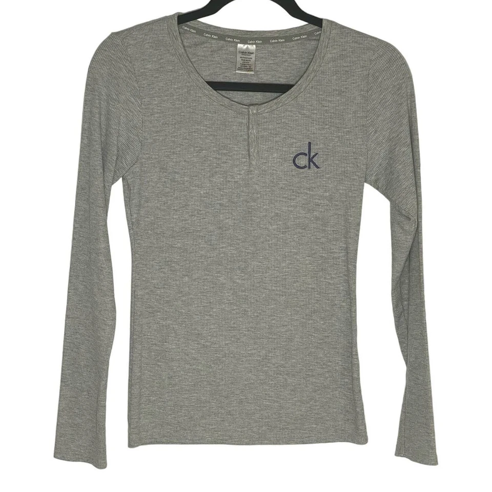 Calvin Klein Ropa de Dormir Pijama Henley Top XS Acanalado Térmico Gris Logo Y2K Cómodo  Foto 2 de 4