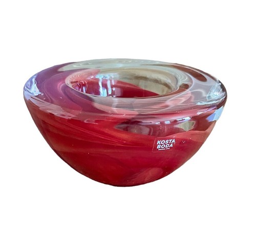 Petit bol Kosta Boda Anna Ehrner rouge tourbillon art plat en verre Suède rouge 4,5”