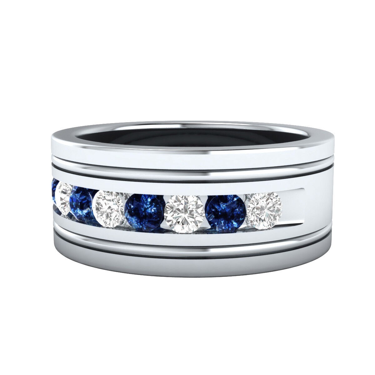 Men's Sterling Silver Channel Set Wedding Band With Lab Created Blue Sapphire | Size 12 - View #8